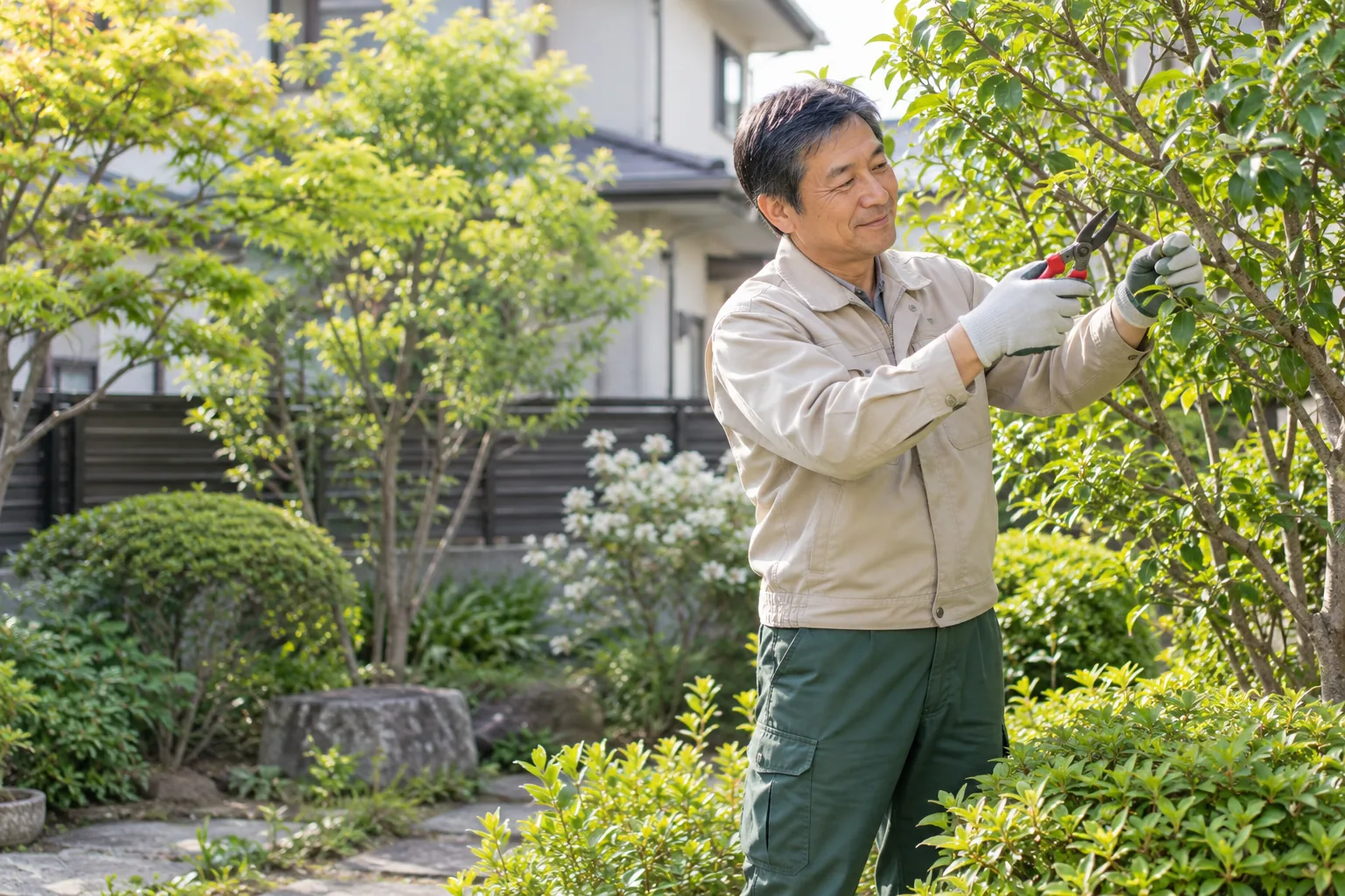 住宅の庭で植木を手入れする作業風景のAI生成サンプル写真