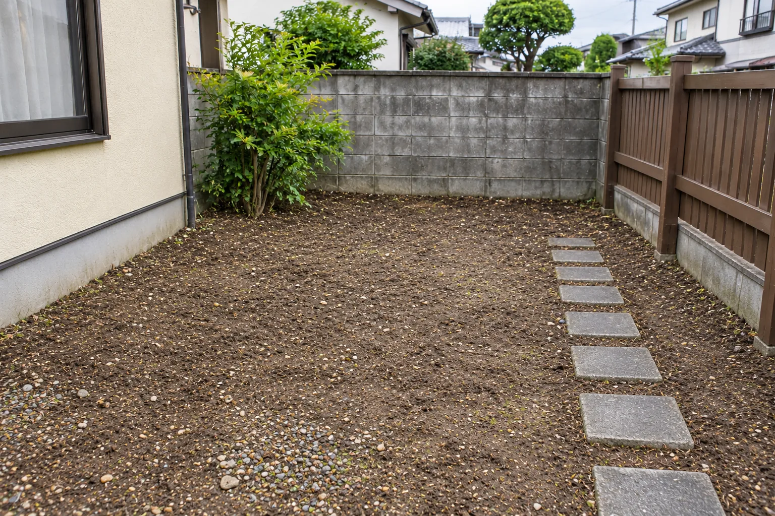 除草後の雑草が整理された庭のAI生成サンプル写真