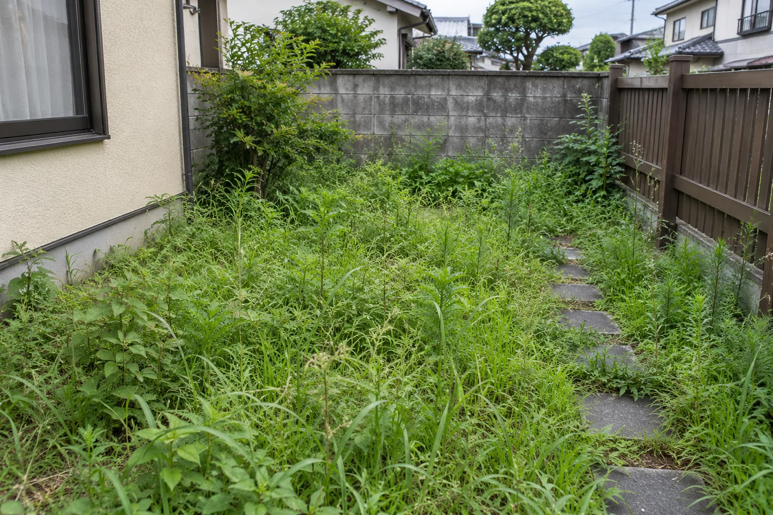 除草前の雑草が伸びた庭のAI生成サンプル写真